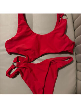 Womens Red Cutout Monokini Swimsuit Asymmetrical Ring Detail XL